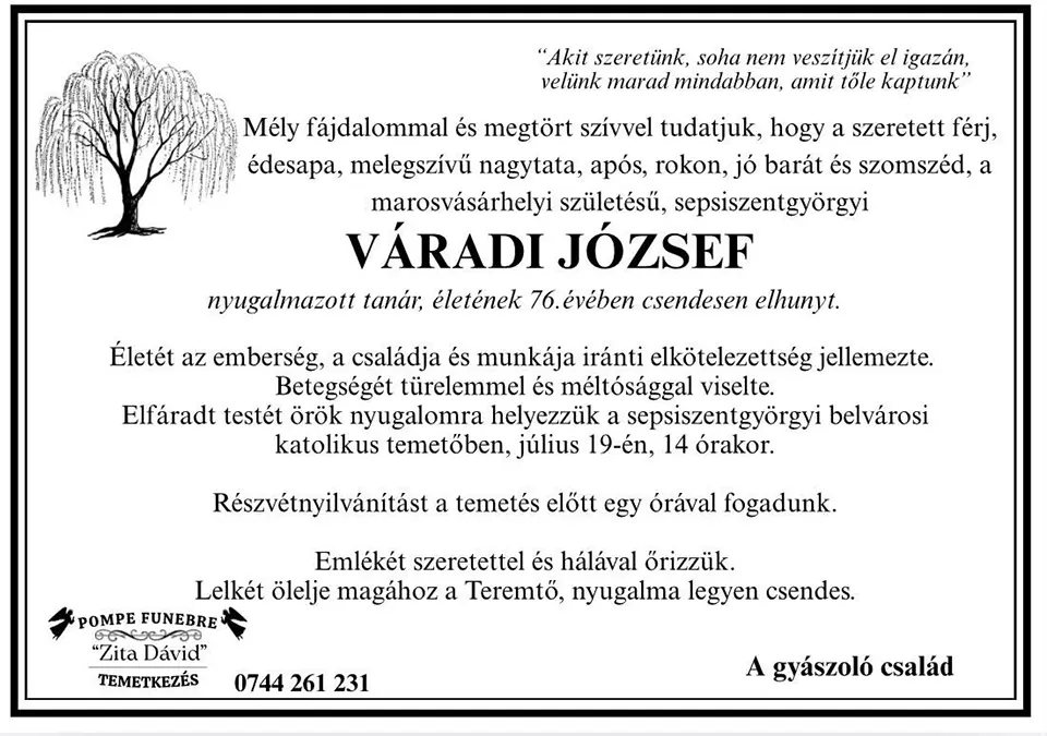 Váradi József nyugalmazott tanár (1950 - 2026) gyászjelentője Váradi József nyugalmazott tanár gyászjelentője