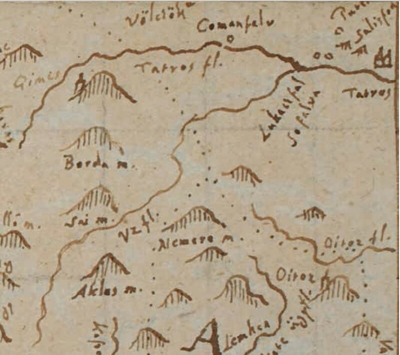 Úz völgye Lakatos István kéziratos térképén (1702, részlet)