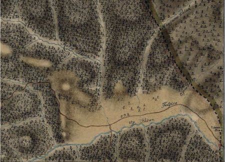 Úz völgye és a Tölgyes pusztája az első katonai felmérés térképének erdélyi szelvényén (1769-1773, részlet)