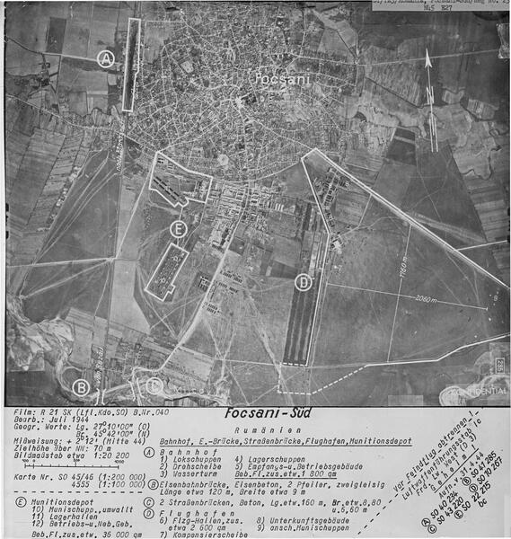 Légi felvétel Foksányról 1944 nyarán – az E és D részlegben volt a szovjet fogolytábor egy része